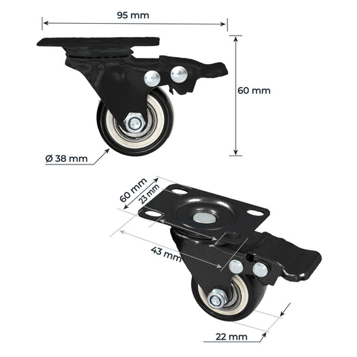 Schwerlastrollen aus Polyurethan mit Bremse 4er Set HMF 6710 38 mm Schwarz Maße