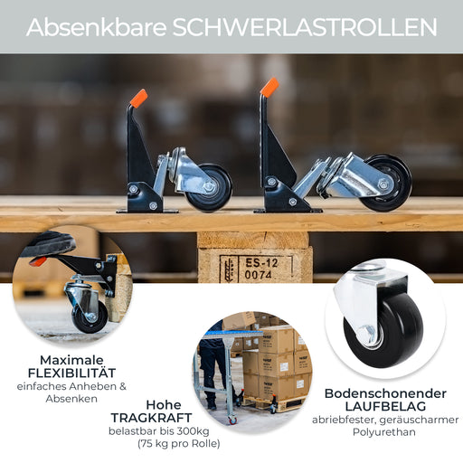 Schwerlastrollen absenkbar für Werkbank 4er Set HMF 6750 65 mm Schwarz flexibel und robust