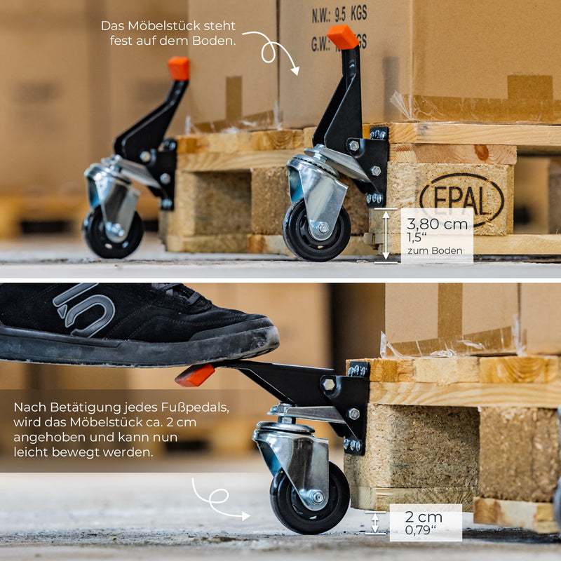 Schwerlastrollen absenkbar für Werkbank 4er Set HMF 6750 65 mm Schwarz Fußpedal Anwendung
