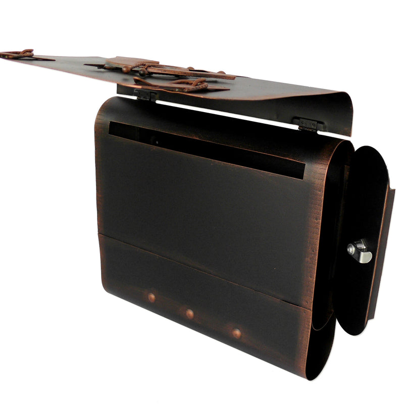Briefkasten alter Schulranzen mit Posthorn von HMF mit 40 cm Breite in Kupfer