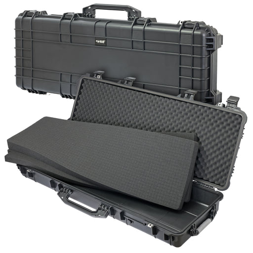 HMF Outdoor Waffenkoffer für Langwaffen Wasserdichter IP67 Gewehrkoffer mit Rasterschaumstoff 113 cm in Schwarz