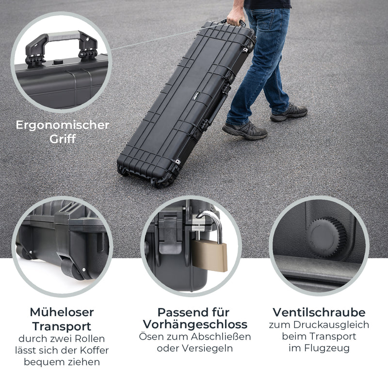 HMF Outdoor Waffenkoffer für Langwaffen Wasserdichter IP67 Gewehrkoffer mit Rasterschaumstoff 113 cm in Schwarz