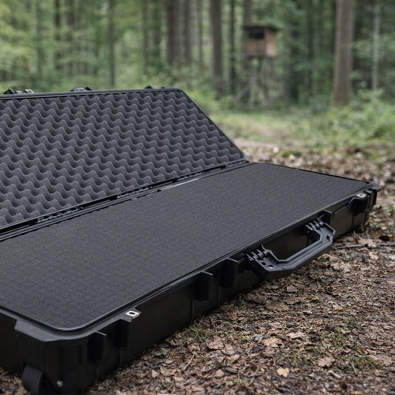 HMF Outdoor Waffenkoffer für Langwaffen Wasserdichter IP67 Gewehrkoffer mit Rasterschaumstoff 113 cm in Schwarz