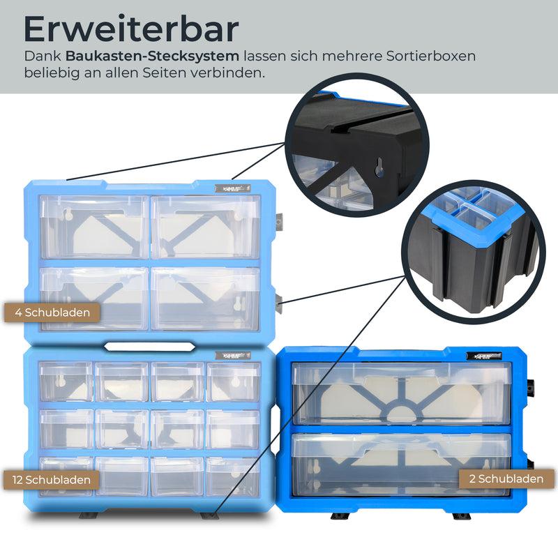HMF Sortierbox für Kleinteile mit 2 Schubladen und 4 Fächern in Blau-Schwarz