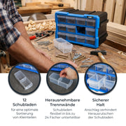HMF Sortierbox für Kleinteile mit 12 Schubladen und 24 Fächern in Blau-Schwarz