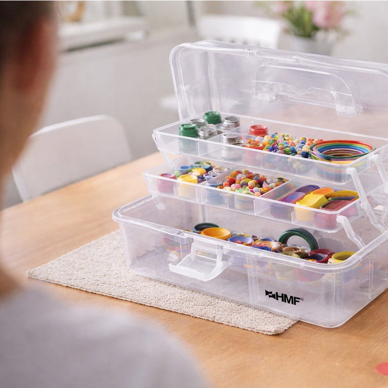 HMF Nähkasten aufklappbar mit 3 Ebenen, Sortierbox für Kleinteile in Transparent