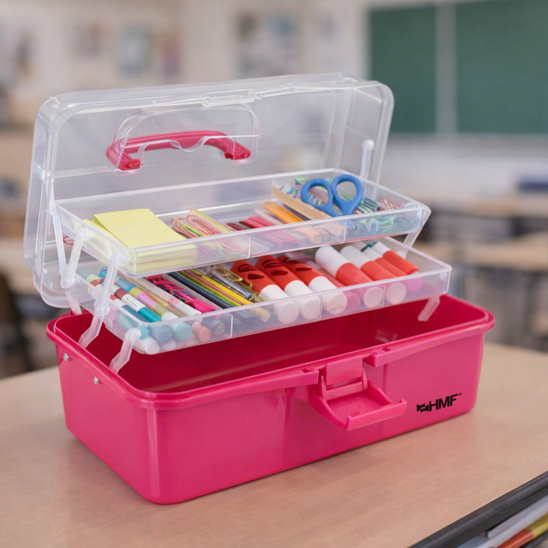 HMF Nähkasten aufklappbar mit 3 Ebenen, Sortierbox für Kleinteile in Pink