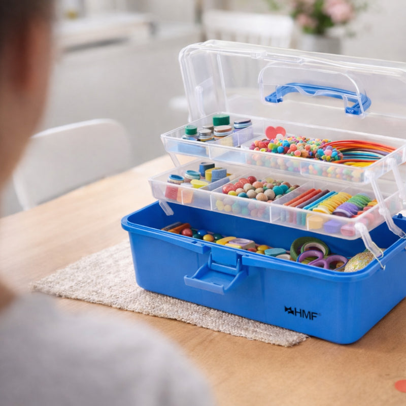 HMF Nähkasten aufklappbar mit 3 Ebenen, Sortierbox für Kleinteile in Blau