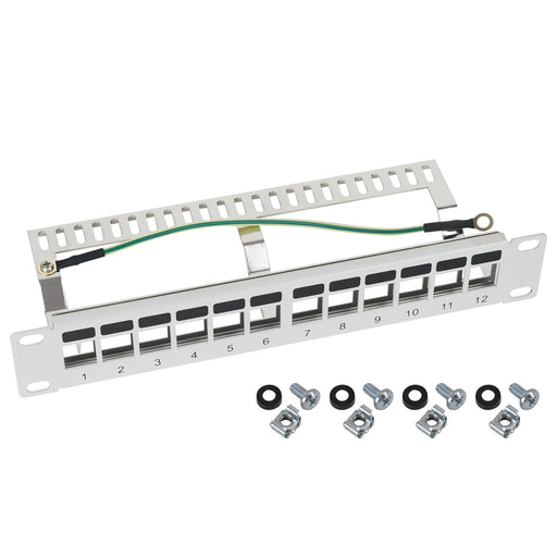 STP Keystone-Patchpanel für 10 Zoll Serverschränke von HMF mit 12 Ports RJ45 in Lichtgrau